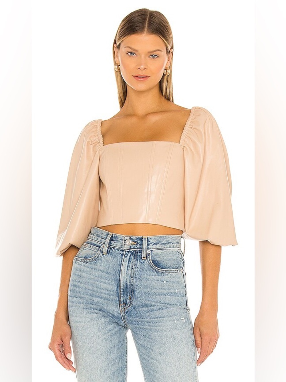 Alice + Olivia Bronte Vegan Leather Blouson Sleeve Crop Top in Almond size 8